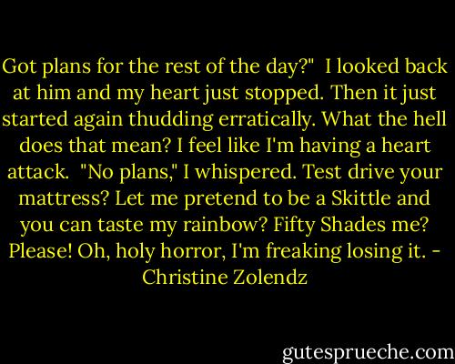 Got plans for the rest of the day?"<br /><br />I looked back at him and my heart just stopped. Then it just started again thudding erratically. What the hell does that mean? I feel like I'm having a heart attack.<br /><br />"No plans," I whispered. Test drive your mattress? Let me pretend to be a Skittle and you can taste my rainbow? Fifty Shades me? Please! Oh, holy horror, I'm freaking losing it. - Christine Zolendz