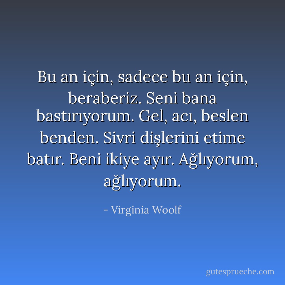 Bu an için, sadece bu an için, beraberiz. Seni bana bastırıyorum. Gel, acı, beslen benden. Sivri dişlerini etime batır. Beni ikiye ayır. Ağlıyorum, ağlıyorum. - Virginia Woolf