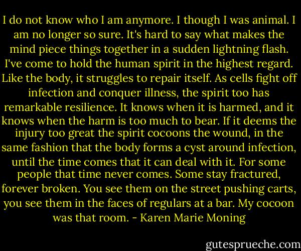 I do not know who I am anymore. I though I was animal. I am no longer so sure. It's hard to say what makes the mind piece things together in a sudden lightning flash. I've come to hold the human spirit in the highest regard. Like the body, it struggles to repair itself. As cells fight off infection and conquer illness, the spirit too has remarkable resilience. It knows when it is harmed, and it knows when the harm is too much to bear. If it deems the injury too great the spirit cocoons the wound, in the same fashion that the body forms a cyst around infection, until the time comes that it can deal with it. For some people that time never comes. Some stay fractured, forever broken. You see them on the street pushing carts, you see them in the faces of regulars at a bar. My cocoon was that room. - Karen Marie Moning