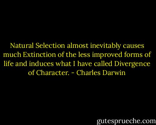 Natural Selection almost inevitably causes much Extinction of the less improved forms of life and induces what I have called Divergence of Character. - Charles Darwin