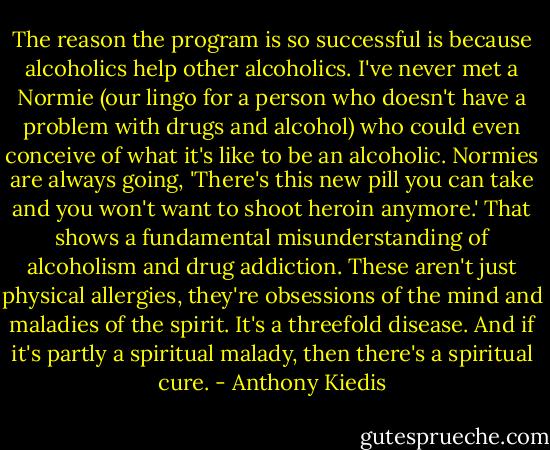 The reason the program is so successful is because alcoholics help other alcoholics. I've never met a Normie (our lingo for a person who doesn't have a problem with drugs and alcohol) who could even conceive of what it's like to be an alcoholic. Normies are always going, 'There's this new pill you can take and you won't want to shoot heroin anymore.' That shows a fundamental misunderstanding of alcoholism and drug addiction. These aren't just physical allergies, they're obsessions of the mind and maladies of the spirit. It's a threefold disease. And if it's partly a spiritual malady, then there's a spiritual cure. - Anthony Kiedis