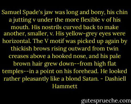 Samuel Spade's jaw was long and bony, his chin a jutting v under the more flexible v of<br />his mouth. His nostrils curved back to make another, smaller, v. His yellow-grey eyes were<br />horizontal. The V motif was picked up again by thickish brows rising outward from twin creases<br />above a hooked nose, and his pale brown hair grew down--from high flat temples--in a point on<br />his forehead. He looked rather pleasantly like a blond Satan. - Dashiell Hammett