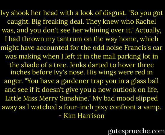 Ivy shook her head with a look of disgust. "So you got caught. Big freaking deal. They knew who Rachel was, and you don't see her whining over it."<br />Actually, I had thrown my tantrum on the way home, which might have accounted for the odd noise Francis's car was making when I left it in the mall parking lot in the shade of a tree.<br />Jenks darted to hover three inches before Ivy's nose. His wings were red in anger. "You have a gardener trap you in a glass ball and see if it doesn't give you a new outlook on life, Little Miss Merry Sunshine."<br />My bad mood slipped away as I watched a four-inch pixy confront a vamp. - Kim Harrison