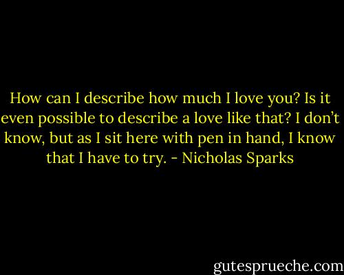 How can I describe how much I love you?<br />Is it even possible to describe a love like that? I don’t know, but as I<br />sit here with pen in hand, I know that I have to try. - Nicholas Sparks