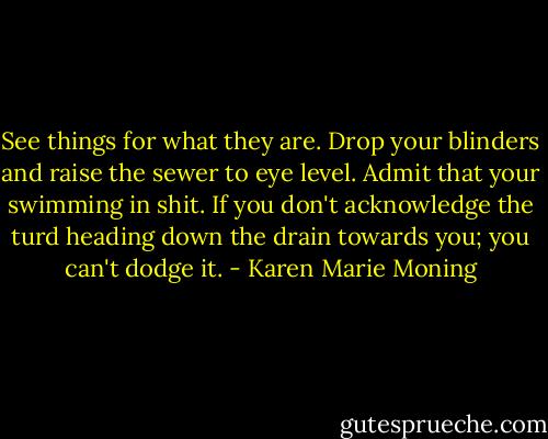 See things for what they are. Drop your blinders and raise the sewer to eye level. Admit that your swimming in shit. If you don't acknowledge the turd heading down the drain towards you; you can't dodge it. - Karen Marie Moning