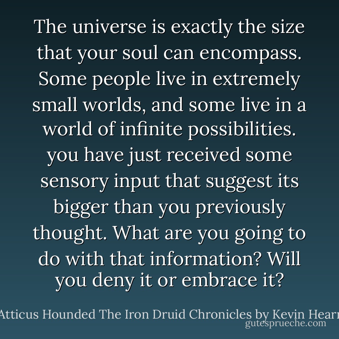 The universe is exactly the size that your soul can encompass. Some people live in extremely small worlds, and some live in a world of infinite possibilities. you have just received some sensory input that suggest its bigger than you previously thought. What are you going to do with that information? Will you deny it or embrace it? - Atticus Hounded The Iron Druid Chronicles by Kevin Hearne