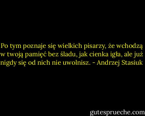 Po tym poznaje się wielkich pisarzy, że wchodzą w twoją pamięć bez śladu, jak cienka igła, ale już nigdy się od nich nie uwolnisz. - Andrzej Stasiuk