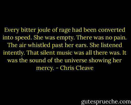 Every bitter joule of rage had been converted into speed. She was empty. There was no pain. The air whistled past her ears. She listened intently. That silent music was all there was. It was the sound of the universe showing her mercy. - Chris Cleave