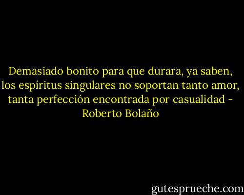 Demasiado bonito para que durara, ya saben, los espíritus singulares no soportan tanto amor, tanta perfección encontrada por casualidad - Roberto Bolaño