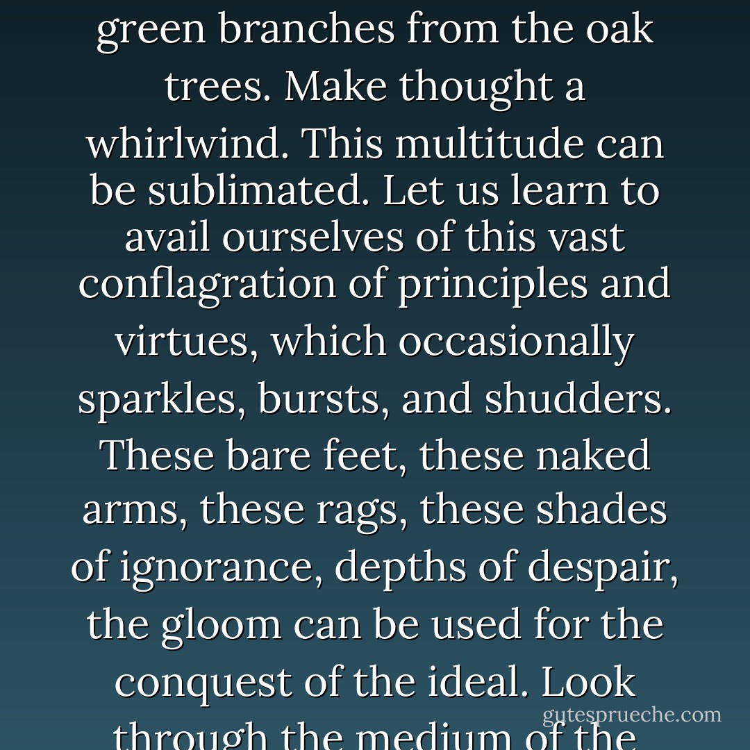Go on philosophers--teach, enlighten, kindle, think aloud, speak up, run joyfully toward broad daylight, fraternize in the public squares, announce the glad tidings, lavish your alphabets, proclaim human rights, sing your Marseillaises, sow enthusiasms, tear off green branches from the oak trees. Make thought a whirlwind. This multitude can be sublimated. Let us learn to avail ourselves of this vast conflagration of principles and virtues, which occasionally sparkles, bursts, and shudders. These bare feet, these naked arms, these rags, these shades of ignorance, depths of despair, the gloom can be used for the conquest of the ideal. Look through the medium of the people, and you will discern the truth. This lowly sand that you trample underfoot, if you throw it into a furnace and let it melt and seethe, will become sparkling crystal; and thanks to such as this a Galileo and a Newton will discover the stars. - Victor Hugo