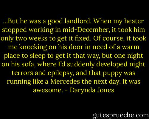 ...But he was a good landlord. When my heater stopped working in mid-December, it took him only two weeks to get it fixed. Of course, it took me knocking on his door in need of a warm place to sleep to get it that way, but one night on his sofa, where I’d suddenly developed night terrors and epilepsy, and that puppy was running like a Mercedes the next day. It was awesome. - Darynda Jones