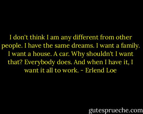I don't think I am any different from other people. I have the same dreams. I want a family. I want a house. A car. Why shouldn't I want that? Everybody does. And when I have it, I want it all to work. - Erlend Loe
