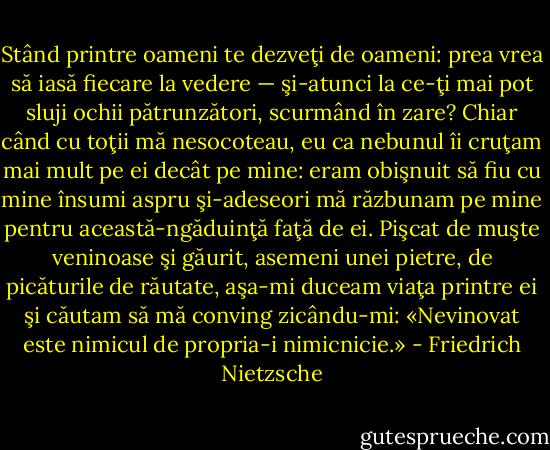 Stând printre oameni te dezveţi de oameni: prea vrea să iasă fiecare la vedere — şi-atunci la ce-ţi mai pot sluji ochii pătrunzători, scurmând în zare? Chiar când cu toţii mă nesocoteau, eu ca nebunul îi cruţam mai mult pe ei decât pe mine: eram obişnuit să fiu cu mine însumi aspru şi-adeseori mă răzbunam pe mine pentru această-ngăduinţă faţă de ei. Pişcat de muşte veninoase şi găurit, asemeni unei pietre, de picăturile de răutate, aşa-mi duceam viaţa printre ei şi căutam să mă conving zicându-mi: «Nevinovat este nimicul de propria-i nimicnicie.» - Friedrich Nietzsche