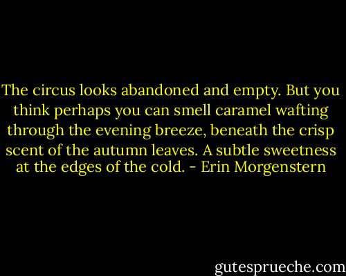 The circus looks abandoned and empty. But you think perhaps you can smell caramel wafting through the evening breeze, beneath the crisp scent of the autumn leaves. A subtle sweetness at the edges of the cold. - Erin Morgenstern