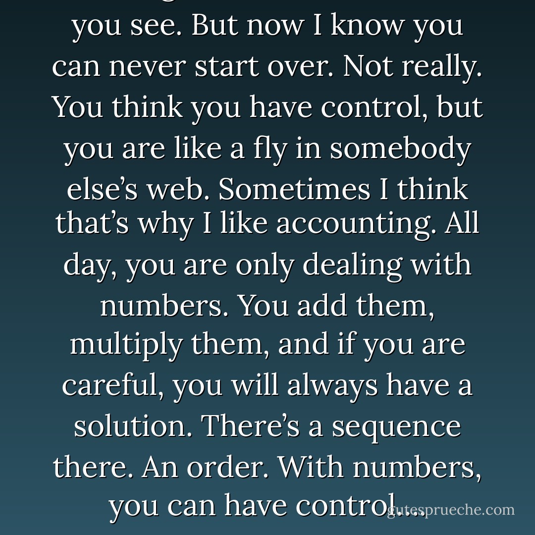 I thought I could start over, you see. But now I know you can never start over. Not really. You think you have control, but you are like a fly in somebody else’s web. Sometimes I think that’s why I like accounting. All day, you are only dealing with numbers. You add them, multiply them, and if you are careful, you will always have a solution. There’s a sequence there. An order. With numbers, you can have control…. - Barack Obama