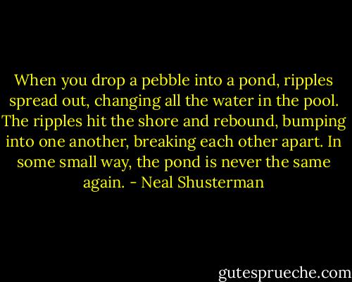 When you drop a pebble into a pond, ripples spread out, changing all the water in the pool. The ripples hit the shore and rebound, bumping into one another, breaking each other apart. In some small way, the pond is never the same again. - Neal Shusterman