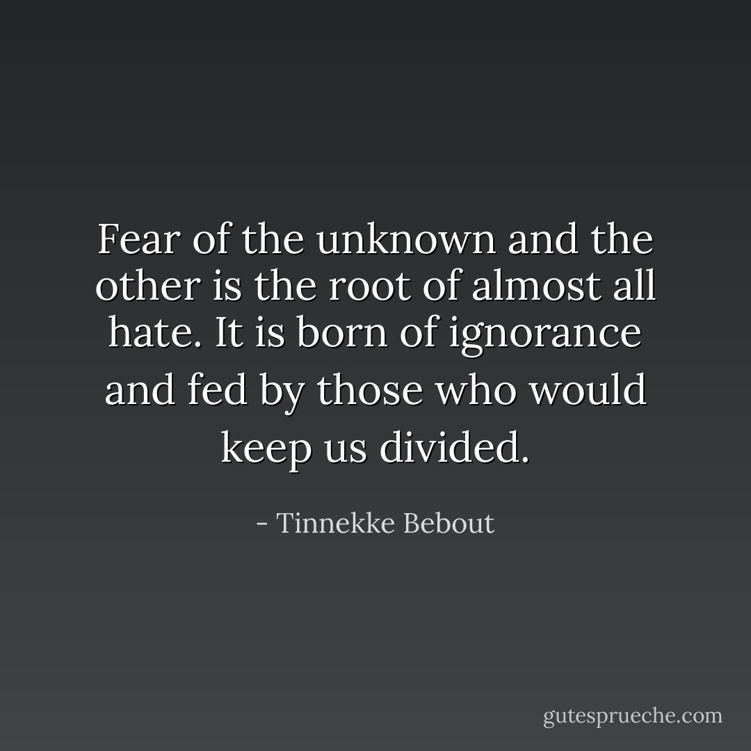 Fear of the unknown and the other is the root of almost all hate. It is born of ignorance and fed by those who would keep us divided. - Tinnekke Bebout