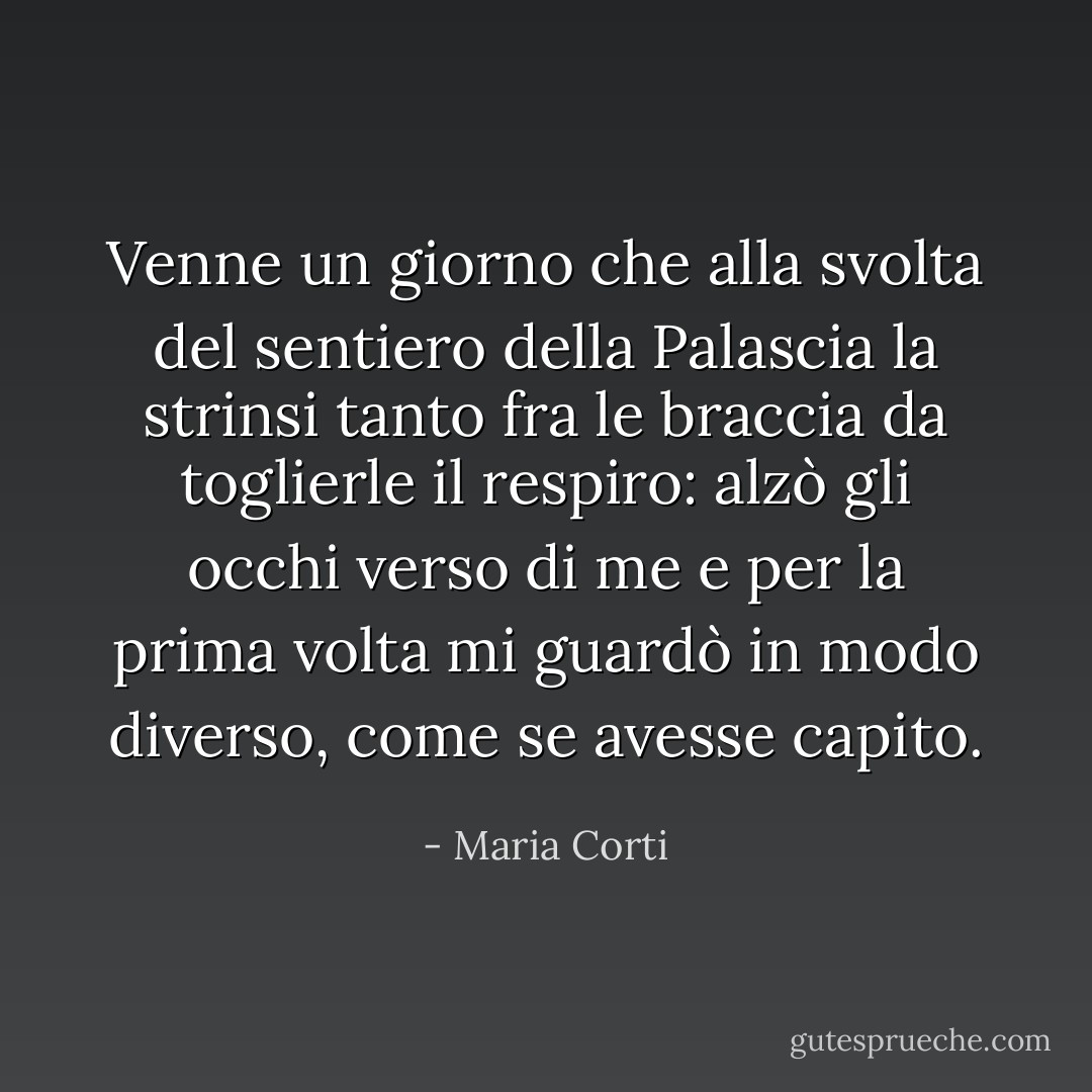 Venne un giorno che alla svolta del sentiero della Palascia la strinsi tanto fra le braccia da toglierle il respiro: alzò gli occhi verso di me e per la prima volta mi guardò in modo diverso, come se avesse capito. - Maria Corti