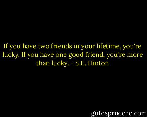 If you have two friends in your lifetime, you're lucky. If you have one good friend, you're more than lucky. - S.E. Hinton