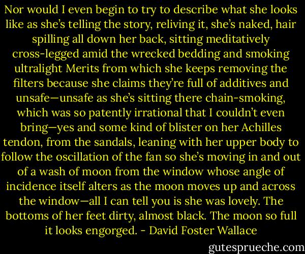 Nor would I even begin to try to describe what she looks like as she’s telling the story, reliving it, she’s naked, hair spilling all down her back, sitting meditatively cross-legged amid the wrecked bedding and smoking ultralight Merits from which she keeps removing the filters because she claims they’re full of additives and unsafe—unsafe as she’s sitting there chain-smoking, which was so patently irrational that I couldn’t even bring—yes and some kind of blister on her Achilles tendon, from the sandals, leaning with her upper body to follow the oscillation of the fan so she’s moving in and out of a wash of moon from the window whose angle of incidence itself alters as the moon moves up and across the window—all I can tell you is she was lovely. The bottoms of her feet dirty, almost black. The moon so full it looks engorged. - David Foster Wallace