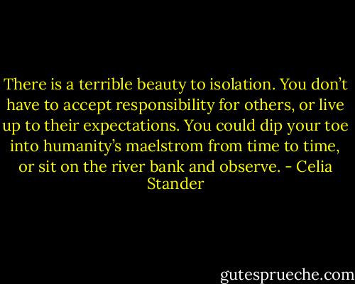 There is a terrible beauty to isolation. You don’t have to accept responsibility for others, or live up to their expectations. You could dip your toe into humanity’s maelstrom from time to time, or sit on the river bank and observe. - Celia Stander