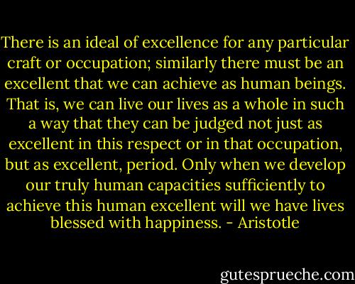 There is an ideal of excellence for any particular craft or occupation; similarly there must be an excellent that we can achieve as human beings. That is, we can live our lives as a whole in such a way that they can be judged not just as excellent in this respect or in that occupation, but as excellent, period. Only when we develop our truly human capacities sufficiently to achieve this human excellent will we have lives blessed with happiness. - Aristotle