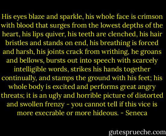 His eyes blaze and sparkle, his whole face is crimson with blood that surges from the lowest depths of the heart, his lips quiver, his teeth are clenched, his hair bristles and stands on end, his breathing is forced and harsh, his joints crack from writhing, he groans and bellows, bursts out into speech with scarcely intelligible words, strikes his hands together continually, and stamps the ground with his feet; his whole body is excited and performs great angry threats; it is an ugly and horrible picture of distorted and swollen frenzy - you cannot tell if this vice is more execrable or more hideous. - Seneca