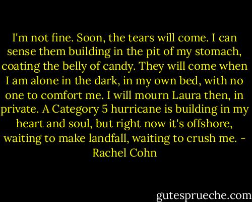 I'm not fine. Soon, the tears will come. I can sense them building in the pit of my stomach, coating the belly of candy. They will come when I am alone in the dark, in my own bed, with no one to comfort me. I will mourn Laura then, in private. A Category 5 hurricane is building in my heart and soul, but right now it's offshore, waiting to make landfall, waiting to crush me. - Rachel Cohn