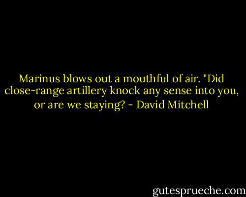 Marinus blows out a mouthful of air. "Did close-range artillery knock any sense into you, or are we staying? - David Mitchell