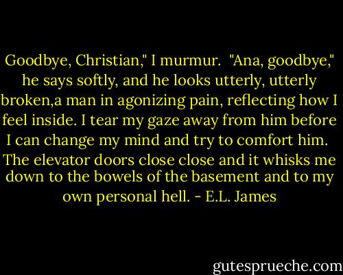 Goodbye, Christian," I murmur.<br /><br />"Ana, goodbye," he says softly, and he looks utterly, utterly broken,a man in agonizing pain, reflecting how I feel inside. I tear my gaze away from him before I can change my mind and try to comfort him.<br /><br />The elevator doors close close and it whisks me down to the bowels of the basement and to my own personal hell. - E.L. James