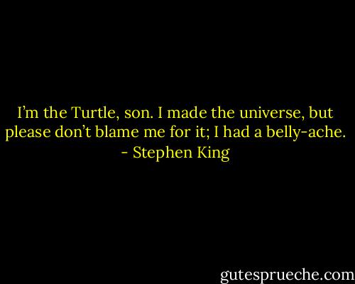 I’m the Turtle, son. I made the universe, but please don’t blame me for it; I had a belly-ache. - Stephen King