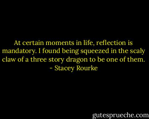 At certain moments in life, reflection is mandatory. I found being squeezed in the scaly claw of a three story dragon to be one of them. - Stacey Rourke