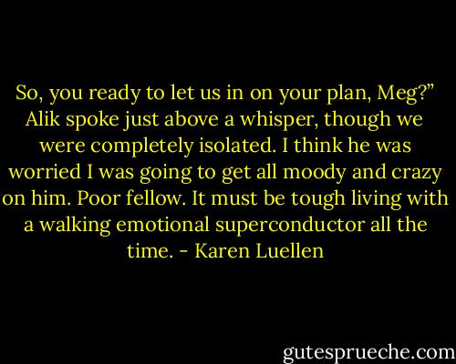 So, you ready to let us in on your plan, Meg?” Alik spoke just above a whisper, though we were completely isolated. I think he was worried I was going to get all moody and crazy on him. Poor fellow. It must be tough living with a walking emotional superconductor all the time. - Karen Luellen