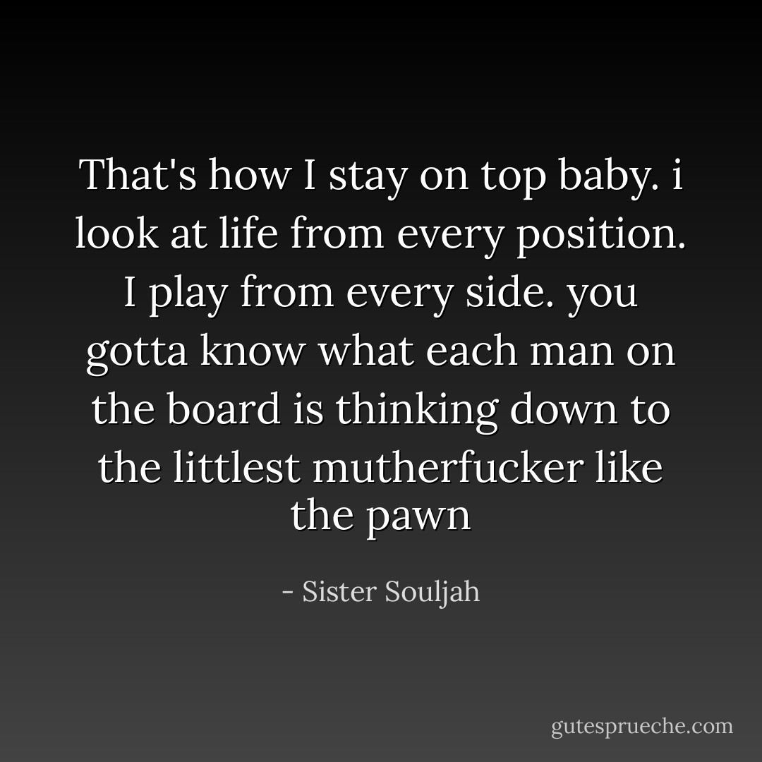 That's how I stay on top baby. i look at life from every position. I play from every side. you gotta know what each man on the board is thinking down to the littlest mutherfucker like the pawn - Sister Souljah