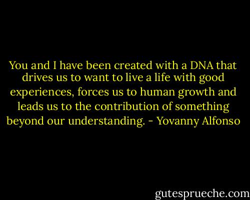 You and I have been created with a DNA that drives us to want to live a life with good experiences, forces us to human growth and leads us to the contribution of something beyond our understanding. - Yovanny Alfonso
