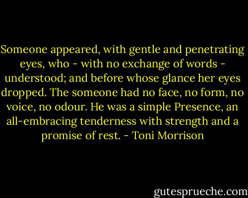 Someone appeared, with gentle and penetrating eyes, who - with no exchange of words - understood; and before whose glance her eyes dropped. The someone had no face, no form, no voice, no odour. He was a simple Presence, an all-embracing tenderness with strength and a promise of rest. - Toni Morrison