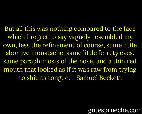 But all this was nothing compared to the face which I regret to say vaguely resembled my own, less the refinement of course, same little abortive moustache, same little ferrety eyes, same paraphimosis of the nose, and a thin red mouth that looked as if it was raw from trying to shit its tongue. - Samuel Beckett