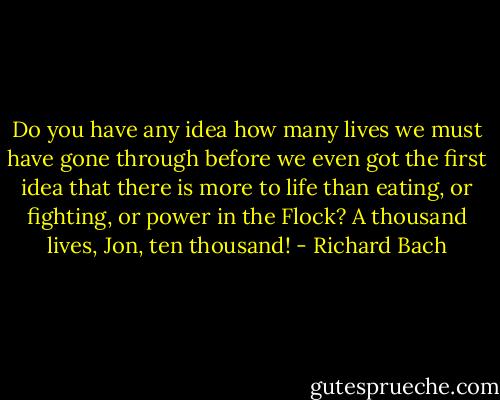 Do you have any idea how many lives we must have gone through before we even got the first idea that there is more to life than eating, or fighting, or power in the Flock? A thousand lives, Jon, ten thousand! - Richard Bach