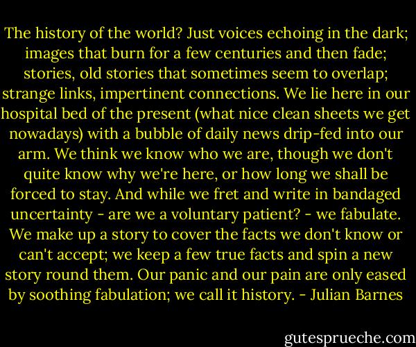 The history of the world? Just voices echoing in the dark; images that burn for a few centuries and then fade; stories, old stories that sometimes seem to overlap; strange links, impertinent connections. We lie here in our hospital bed of the present (what nice clean sheets we get nowadays) with a bubble of daily news drip-fed into our arm. We think we know who we are, though we don't quite know why we're here, or how long we shall be forced to stay. And while we fret and write in bandaged uncertainty - are we a voluntary patient? - we fabulate. We make up a story to cover the facts we don't know or can't accept; we keep a few true facts and spin a new story round them. Our panic and our pain are only eased by soothing fabulation; we call it history. - Julian Barnes