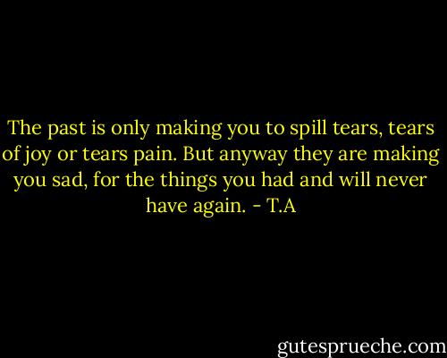 The past is only making you to spill tears, tears of joy or tears pain. But anyway they are making you sad, for the things you had and will never have again. - T.A