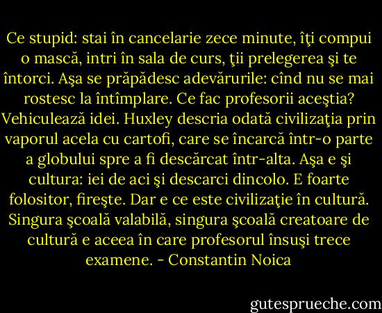 Ce stupid: stai în cancelarie zece minute, îţi compui o mască, intri în sala de curs, ţii prelegerea şi te întorci. Aşa se prăpădesc adevărurile: cînd nu se mai rostesc la întîmplare. Ce fac profesorii aceştia? Vehiculează idei. Huxley descria odată civilizaţia prin vaporul acela cu cartofi, care se încarcă într-o parte a globului spre a fi descărcat într-alta. Aşa e şi cultura: iei de aci şi descarci dincolo. E foarte folositor, fireşte. Dar e ce este civilizaţie în cultură. Singura şcoală valabilă, singura şcoală creatoare de cultură e aceea în care profesorul însuşi trece examene. - Constantin Noica