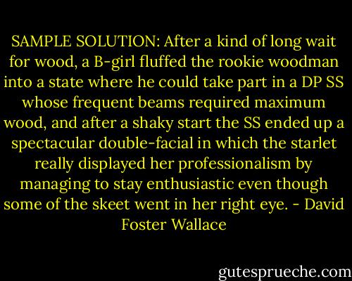 SAMPLE SOLUTION: After a kind of long wait for wood, a B-girl fluffed the rookie woodman into a state where he could take part in a DP SS whose frequent beams required maximum wood, and after a shaky start the SS ended up a spectacular double-facial in which the starlet really displayed her professionalism by managing to stay enthusiastic even though some of the skeet went in her right eye. - David Foster Wallace