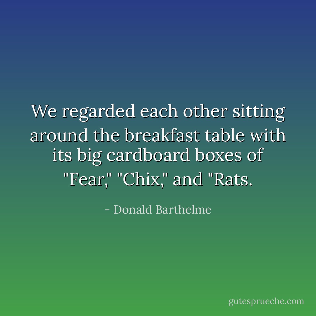 We regarded each other sitting around the breakfast table with its big cardboard boxes of "Fear," "Chix," and "Rats. - Donald Barthelme