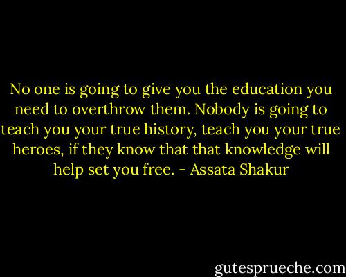 No one is going to give you the education you need to overthrow them. Nobody is going to teach you your true history, teach you your true heroes, if they know that that knowledge will help set you free. - Assata Shakur