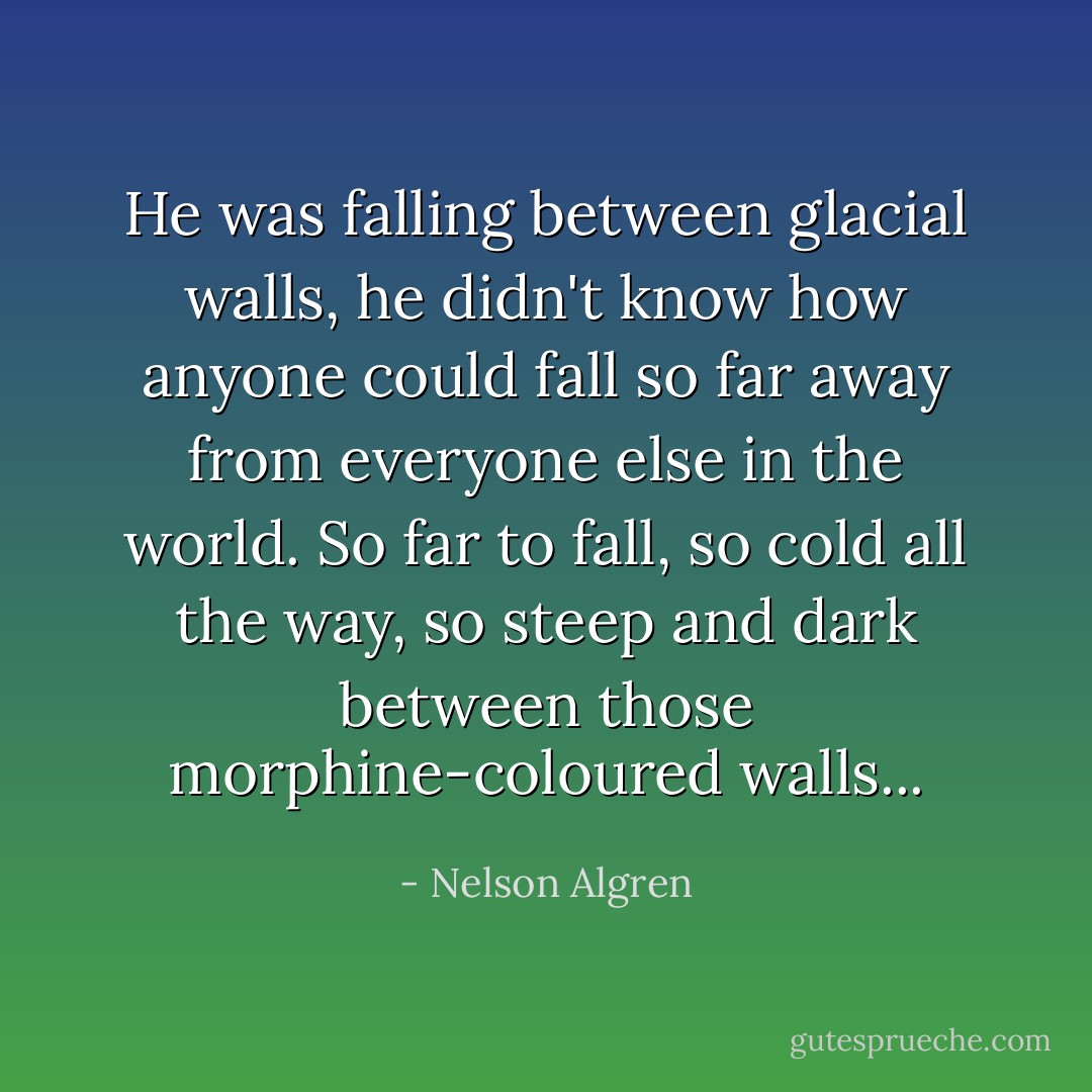 He was falling between glacial walls, he didn't know how anyone could fall so far away from everyone else in the world. So far to fall, so cold all the way, so steep and dark between those morphine-coloured walls... - Nelson Algren