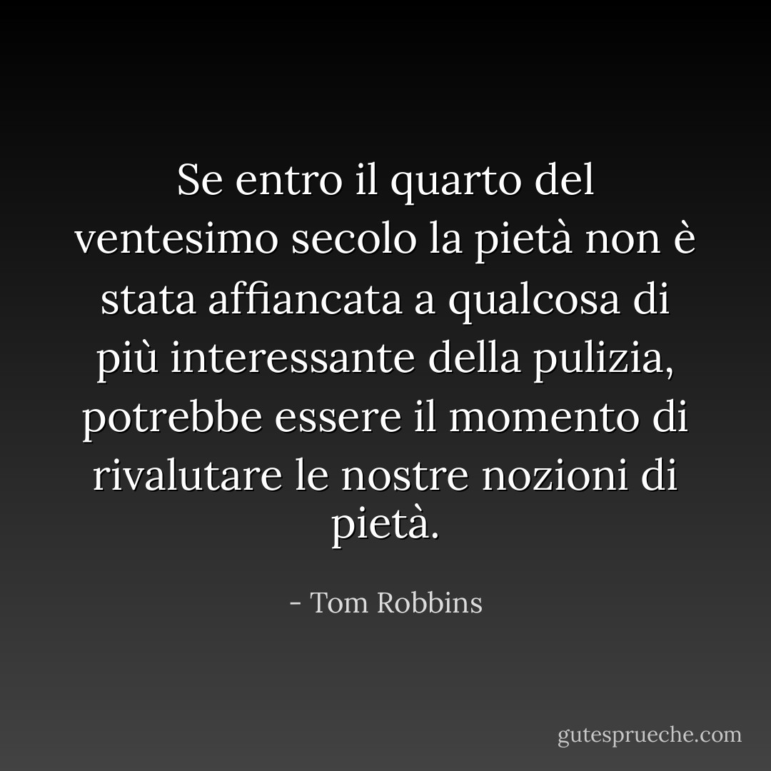 Se entro il quarto del ventesimo secolo la pietà non è stata affiancata a qualcosa di più interessante della pulizia, potrebbe essere il momento di rivalutare le nostre nozioni di pietà. - Tom Robbins