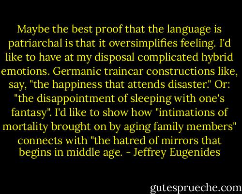 Maybe the best proof that the language is patriarchal is that it oversimplifies feeling. I'd like to have at my disposal complicated hybrid emotions. Germanic traincar constructions like, say, "the happiness that attends disaster." Or: "the disappointment of sleeping with one's fantasy". I'd like to show how "intimations of mortality brought on by aging family members" connects with "the hatred of mirrors that begins in middle age. - Jeffrey Eugenides