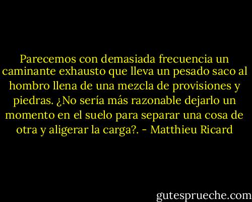 Parecemos con demasiada frecuencia un caminante exhausto que lleva un pesado saco al hombro llena de una mezcla de provisiones y piedras. ¿No sería más razonable dejarlo un momento en el suelo para separar una cosa de otra y aligerar la carga?. - Matthieu Ricard