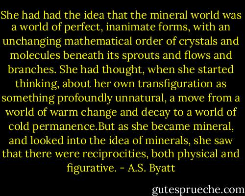 She had had the idea that the mineral world was a world of perfect, inanimate forms, with an unchanging mathematical order of crystals and molecules beneath its sprouts and flows and branches. She had thought, when she started thinking, about her own transfiguration as something profoundly unnatural, a move from a world of warm change and decay to a world of cold permanence.But as she became mineral, and looked into the idea of minerals, she saw that there were reciprocities, both physical and figurative. - A.S. Byatt