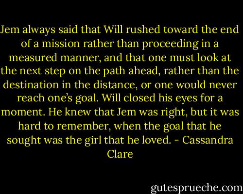 Jem always said that Will rushed toward the end of a mission rather than proceeding in a measured manner, and that one must look at the next step on the path ahead, rather than the destination in the distance, or one would never reach one’s goal. Will closed his eyes for a moment. He knew that Jem was right, but it was hard to remember, when the goal that he sought was the girl that he loved. - Cassandra Clare